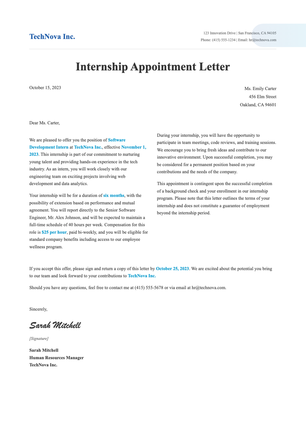 Professional internship appointment letter template with blue header design_variant_1